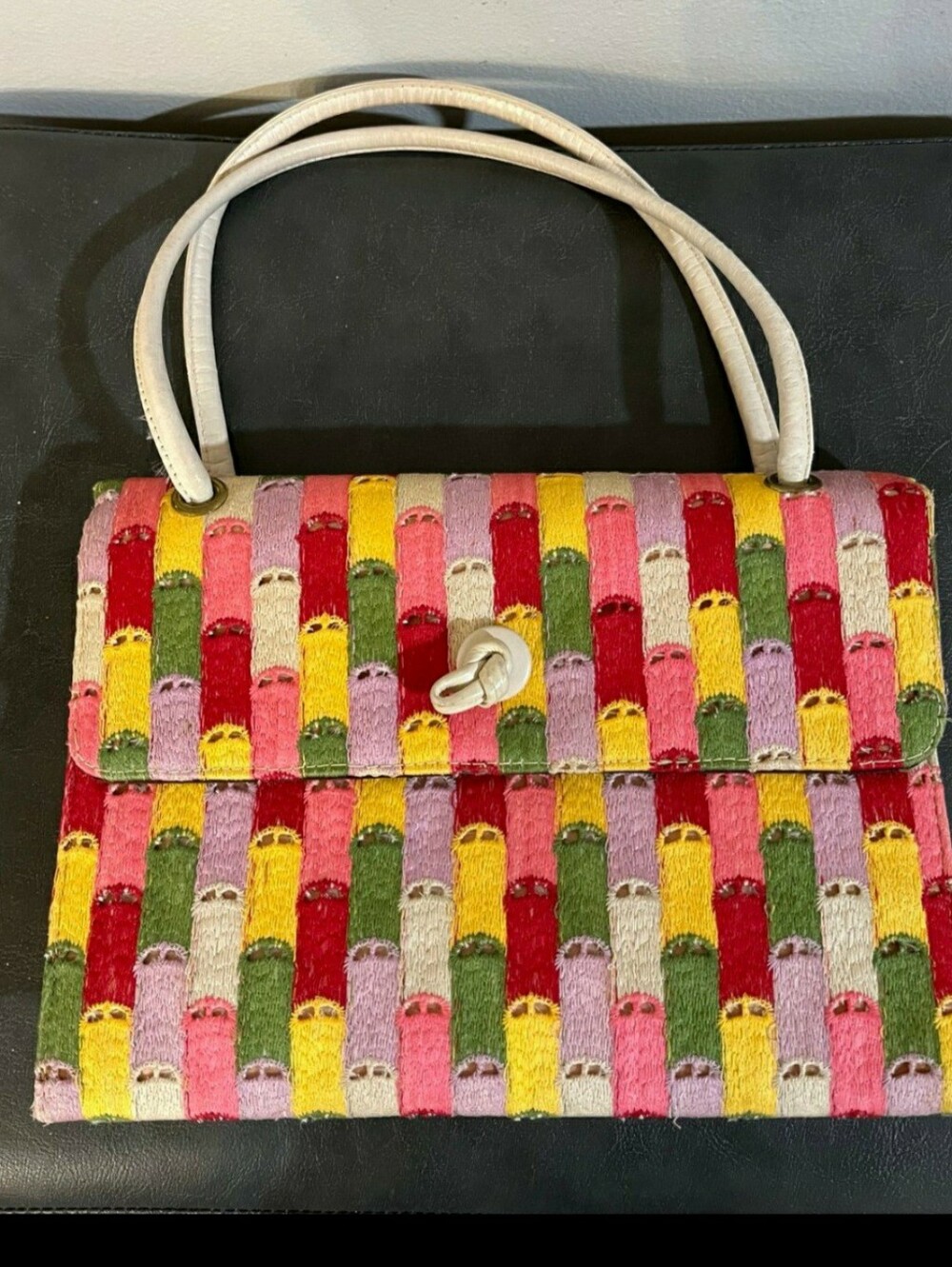 Vintage Lennox Multicolor Woven Pattern Shoulder Bag with White Handles